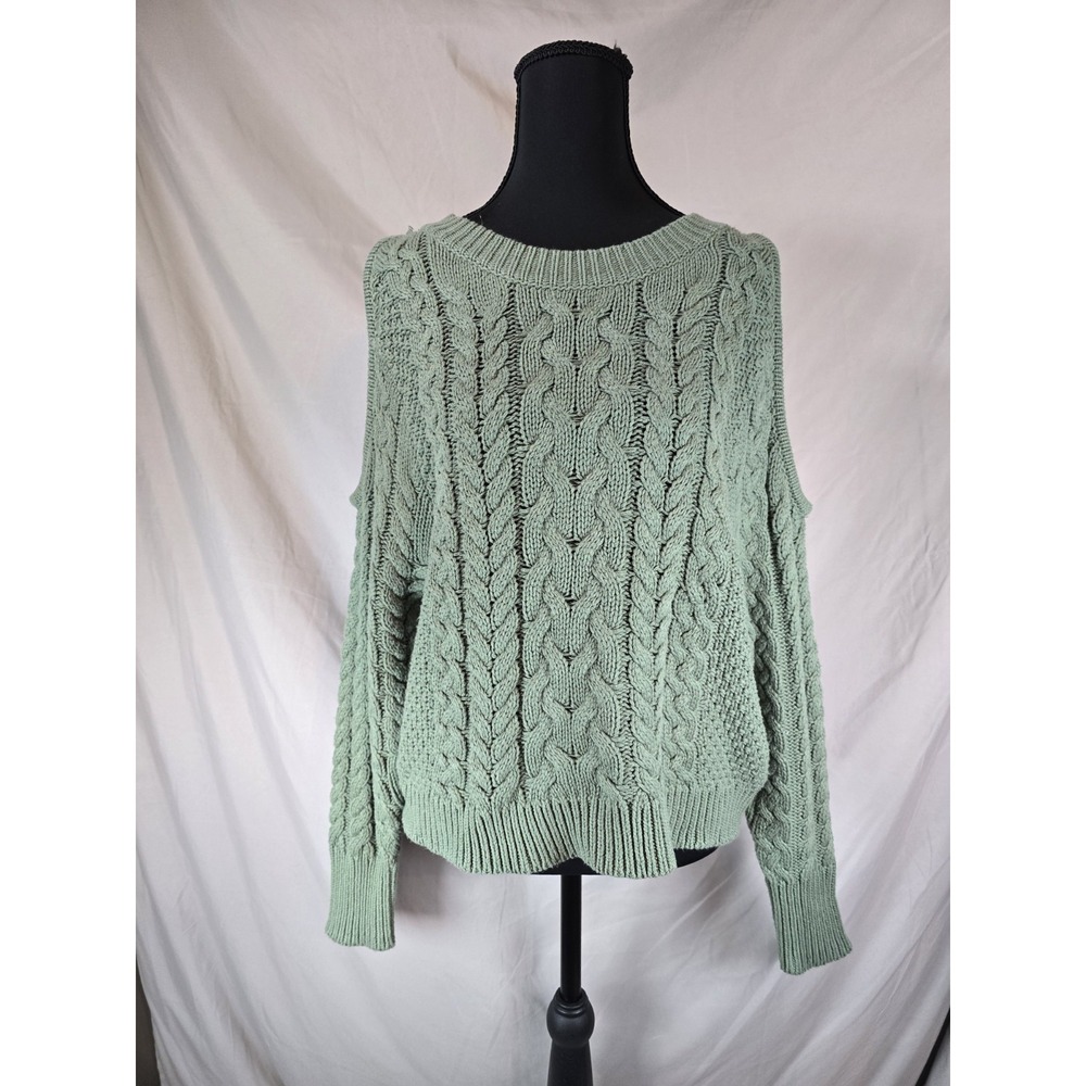 Aerie Cold Shoulder Cable Knit Pullover Sweater Long Sleeve M Medium Sage Green